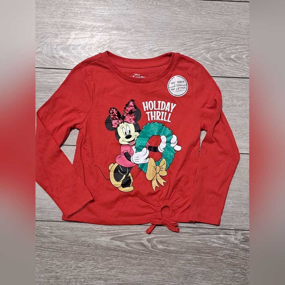 New Disney Kids Red Minnie Mouse "Holiday Thrill" Holiday Shirt With Sequins